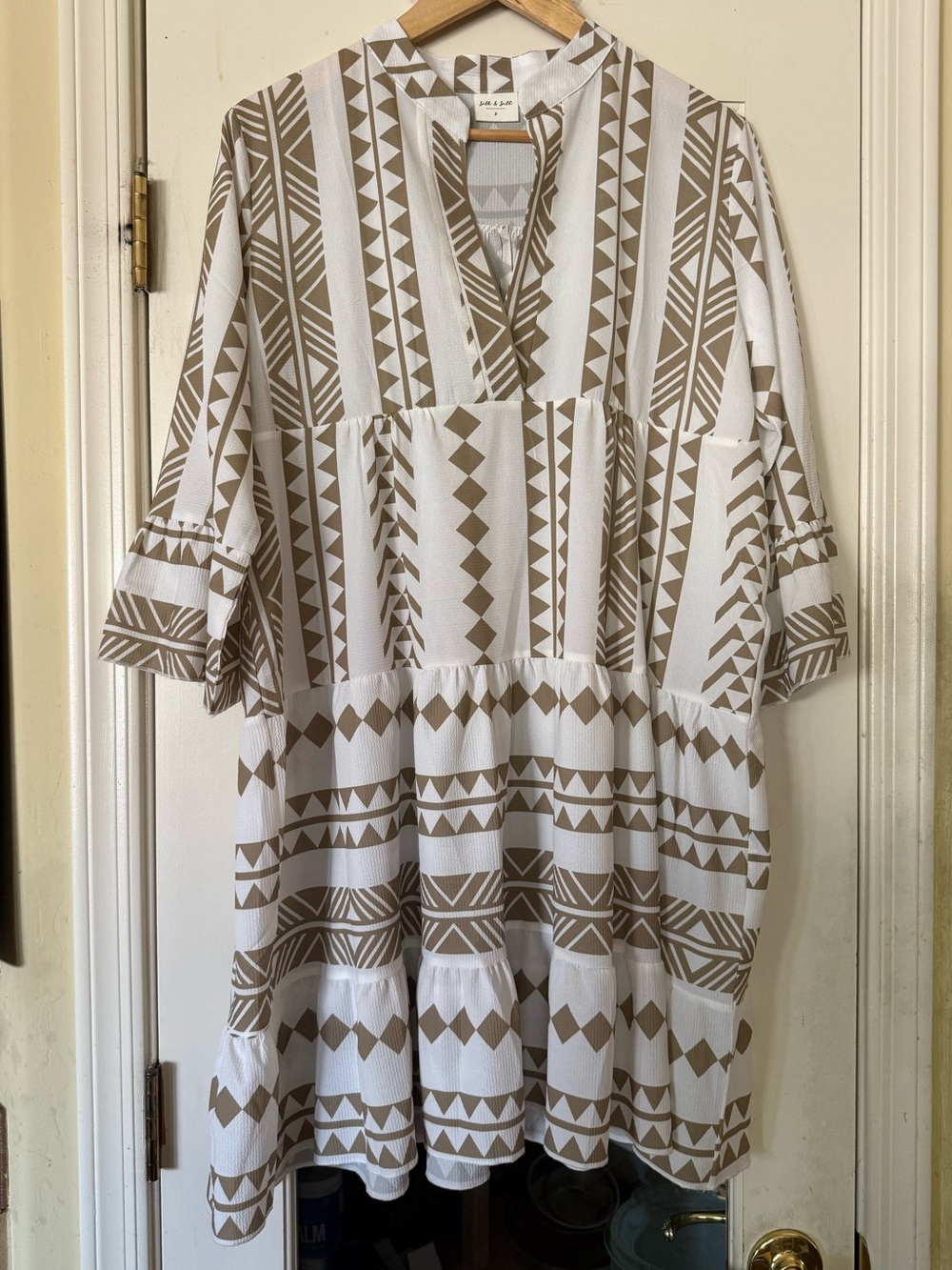 Silk & Salt White Taupe Geometric Tiered Boho Dress Women’s Small